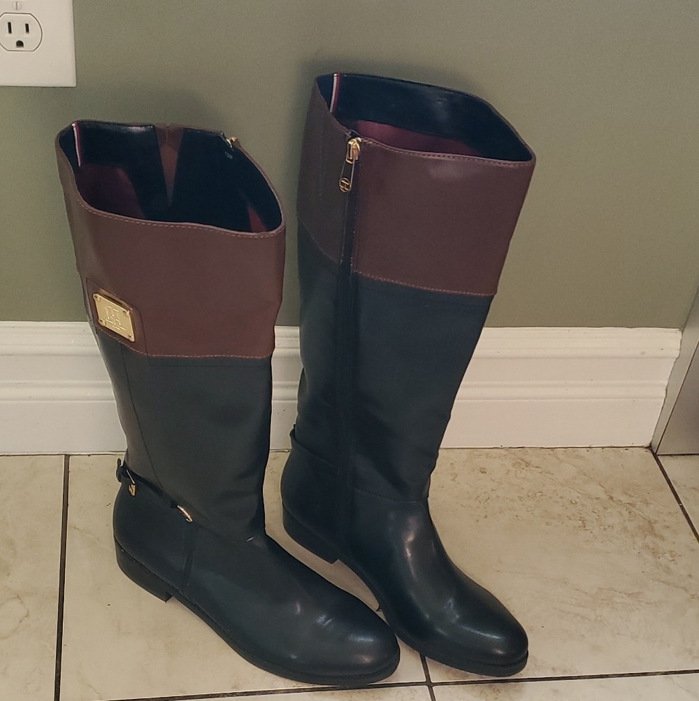 Tommy Hilfiger Black and Brown Knee-High Boots